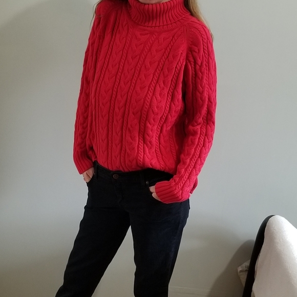 Sweaters - Red cotton turtleneck cable knit sweater